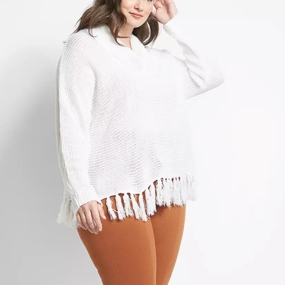 Lane Bryant White Cowl Neck Knit Sweater Size 14/16 Pullover Fringe Boho‎ - Picture 1 of 8